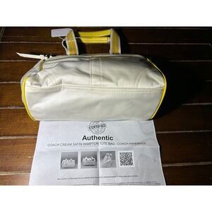 Y2K Coach Cream Satin‎ Hampton Tote Bag Yellow Leather Trim Top Handle Authentic